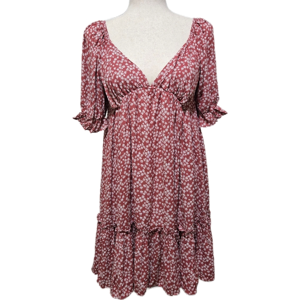 Floral Boho Dress Puff Sleeve Cottagecore Rust Mauve White Size Medium